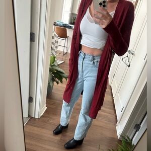 Halogen® Open Front Longline Cardigan with Pockets XS Red